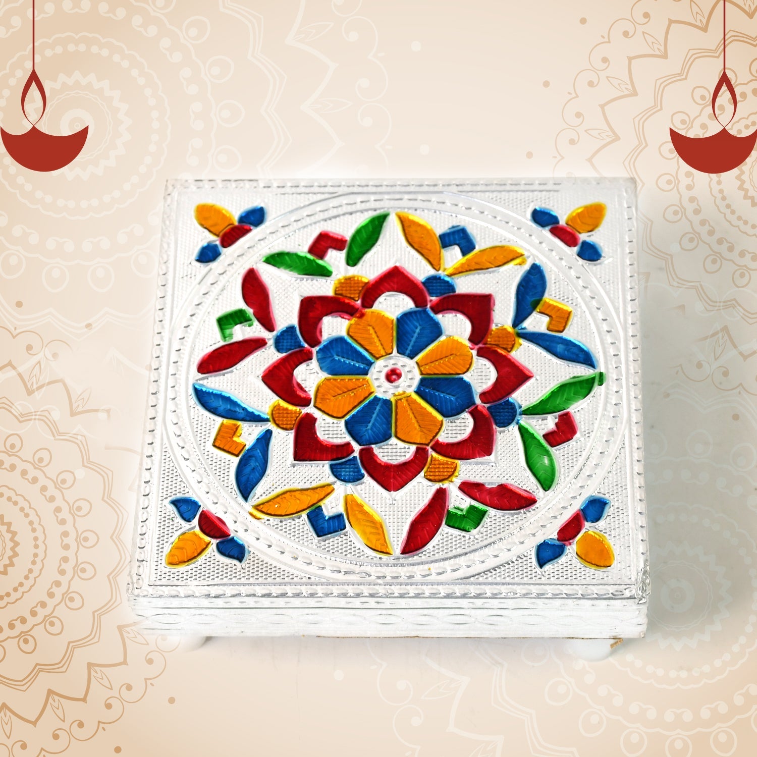 1 Pc Meenakari Wooden Chowki & Bajot Set: For Home & Office Puja (Multicolor) 1 Pc Meenakari Wooden Chowki & Bajot Set: For Home & Office Puja (Multicolor)